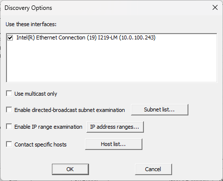 WinDiscovery Discovery Options dialog