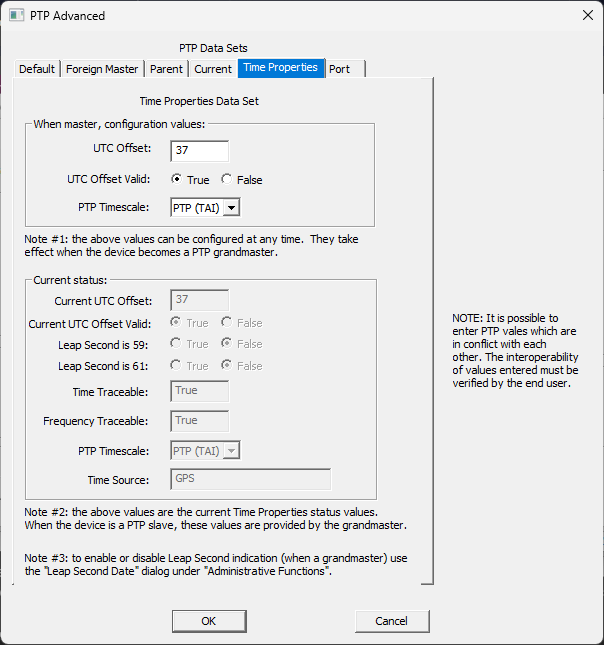 PTP Advanced Time Properties screen showing PTP Timescale and Current UTC Offset settings