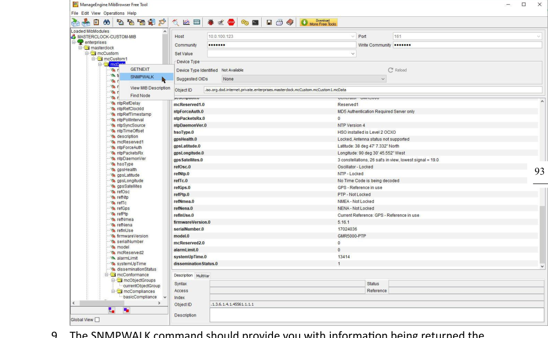 Example of browsing the Masterclock MIB and running an SNMP walk