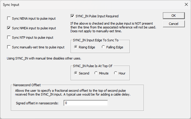 Sync Input options showing Sync NMEA input to pulse input