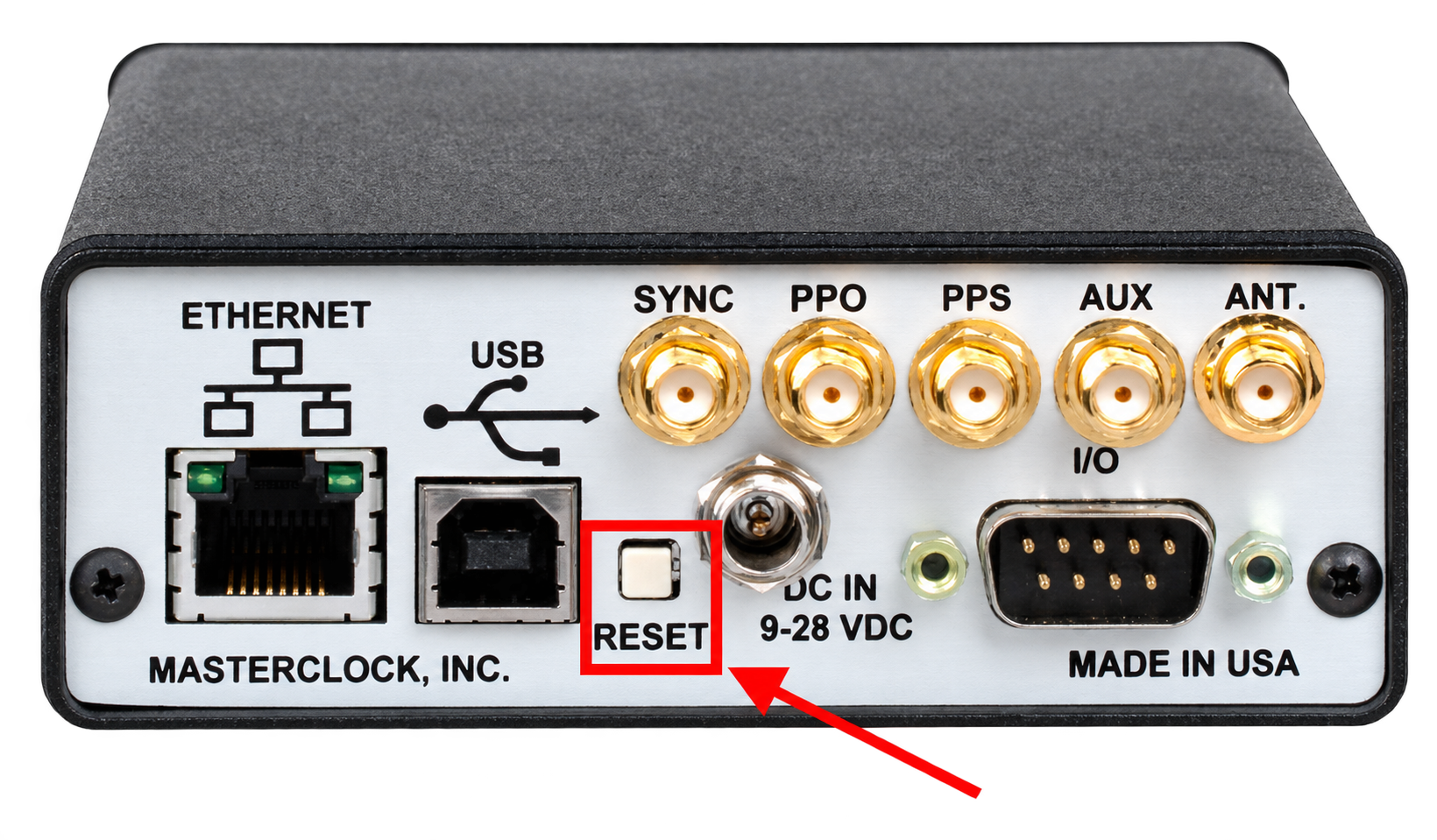 Device rear panel with the Reset button highlighted next to the USB connection